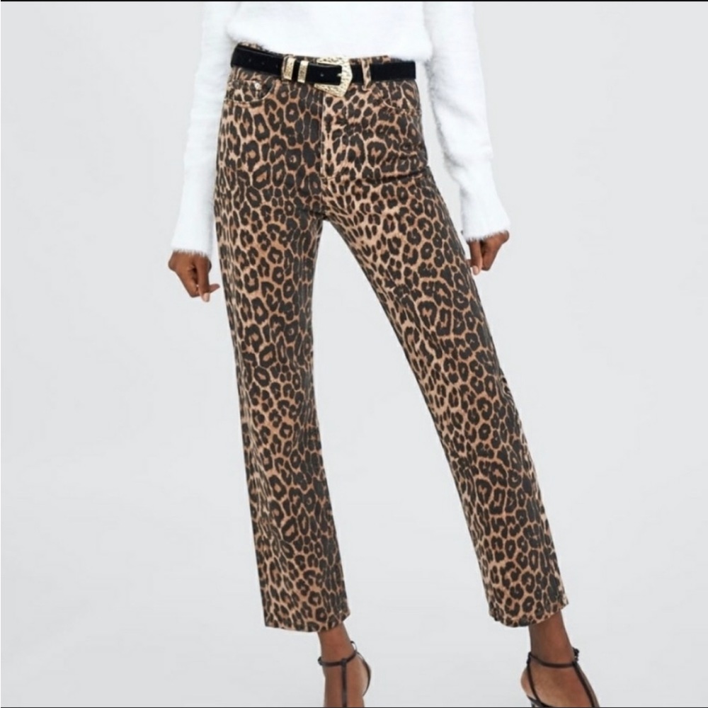 Zara TRF Collection Leopard Print High Rise Button Fly Jeans